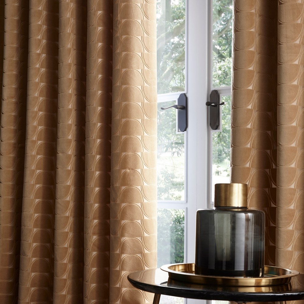 Lucca Geometric Velvet Curtains By Clarke And Clarke in Ochre Yellow